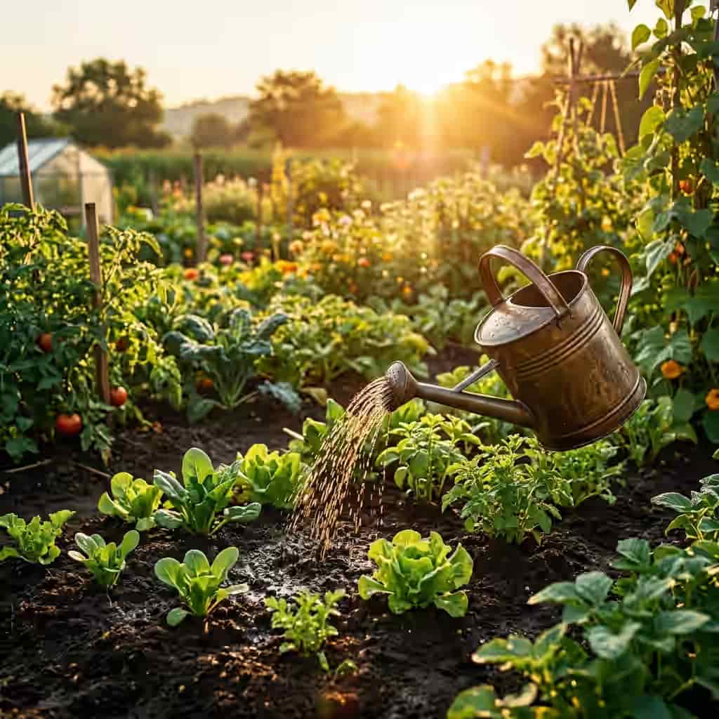 Campo de cultivo al amanecer con riego orgánico