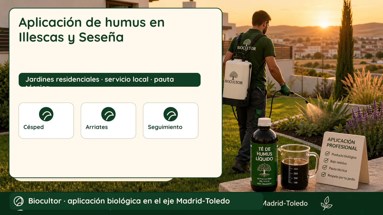 Visual de diagnóstico y metodología para Aplicación de humus para jardines en Illescas y Seseña