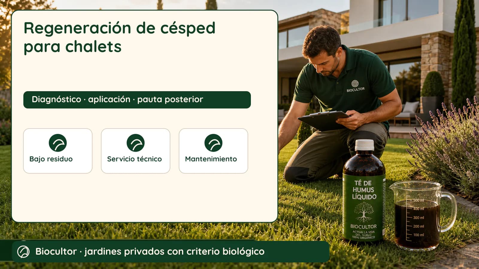 Visual de diagnóstico y metodología para Servicio de regeneración de césped para chalets