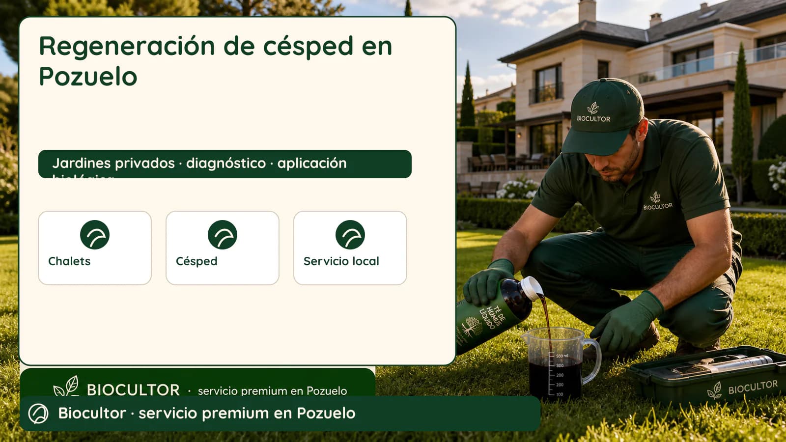 Visual de diagnóstico y metodología para Regeneración de césped en Pozuelo