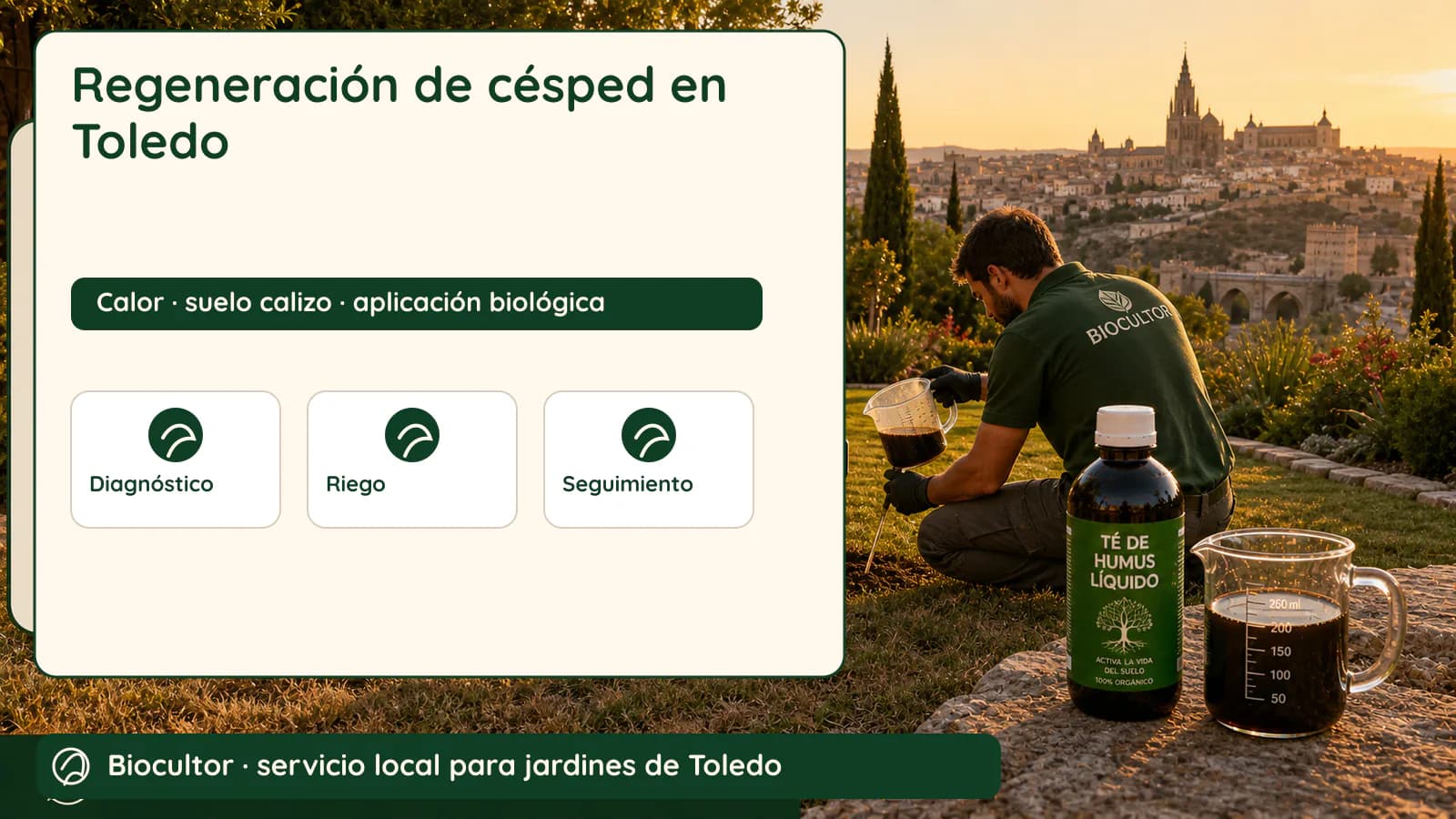Visual de diagnóstico y metodología para Regeneración de césped en Toledo