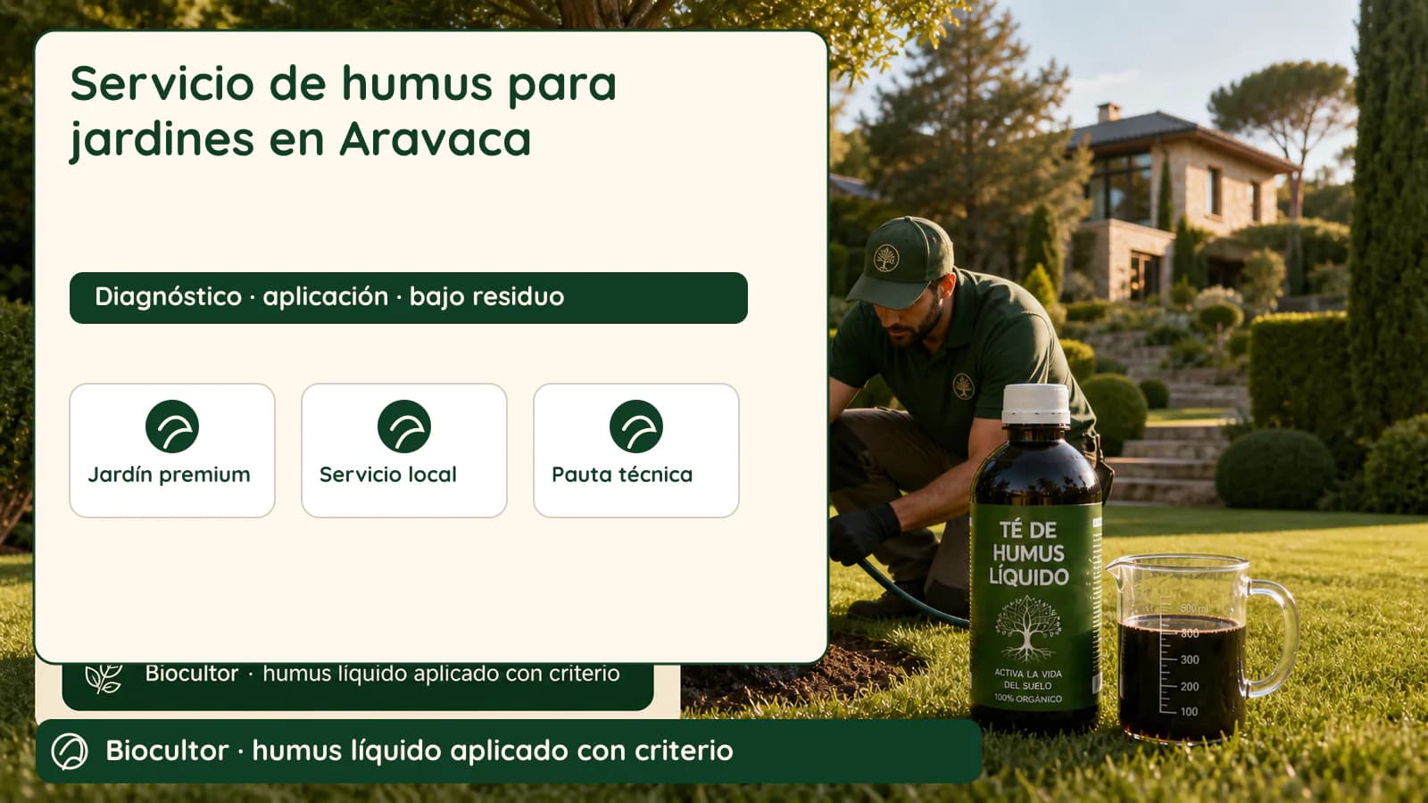 Visual de diagnóstico y metodología para Servicio de humus para jardines en Aravaca