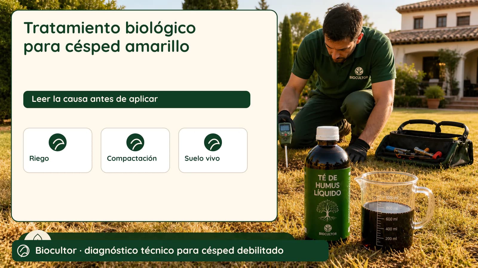 Visual de diagnóstico y metodología para Tratamiento biológico para césped amarillo