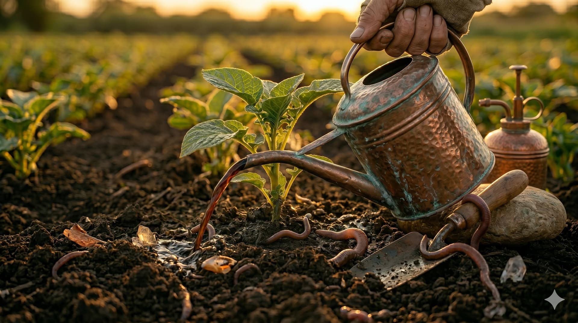 Campo de cultivo al amanecer con riego orgánico