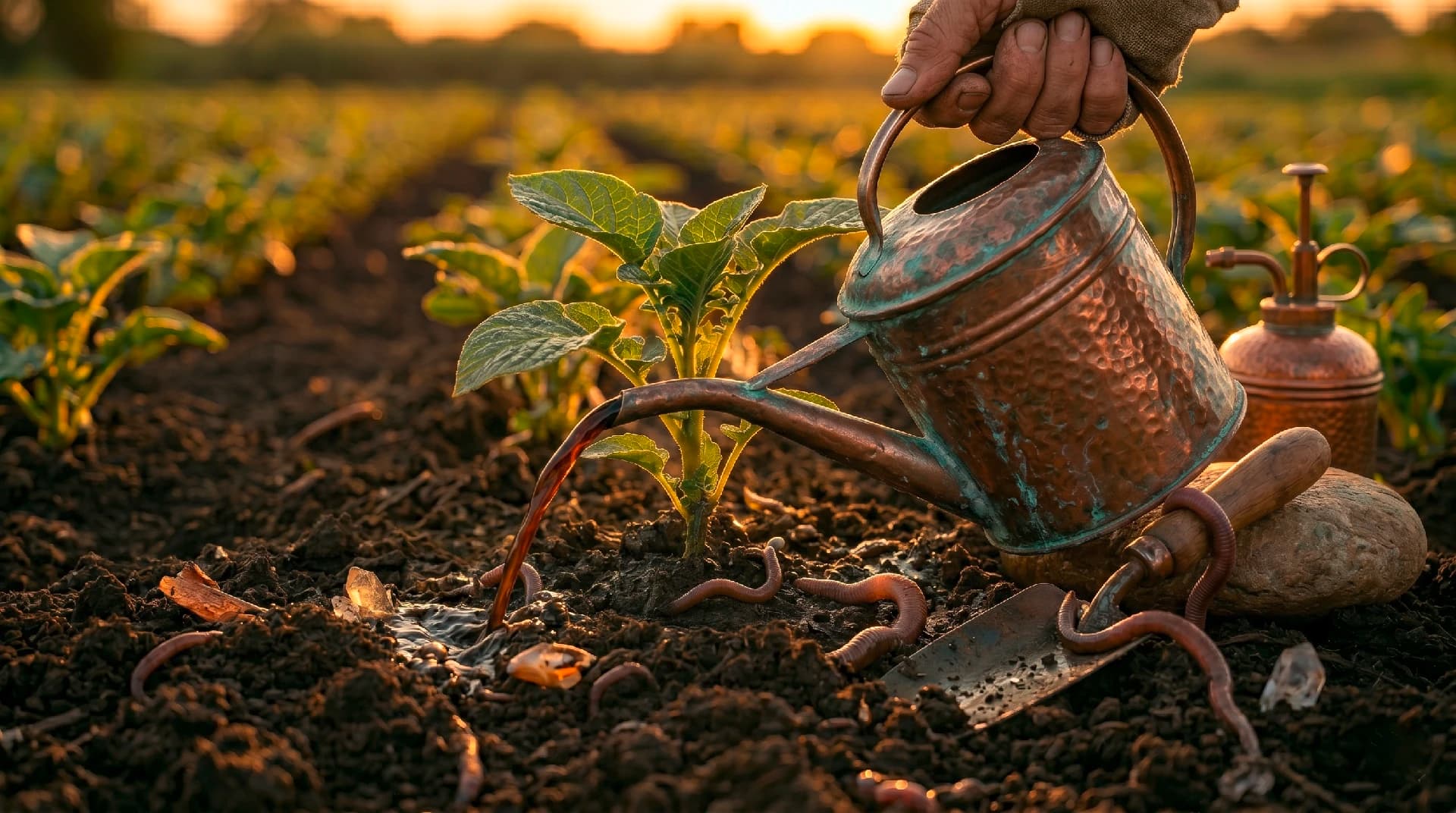 Campo de cultivo al amanecer con riego orgánico