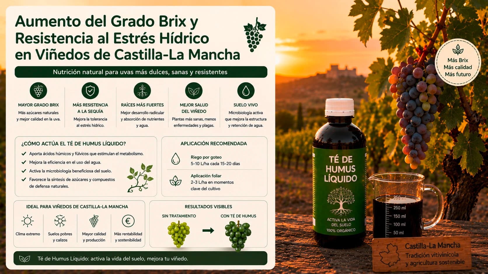 Riego por goteo de té de humus biológico en viñedos de secano de Castilla-La Mancha para potenciar la acumulación de azúcares y el grado Brix.