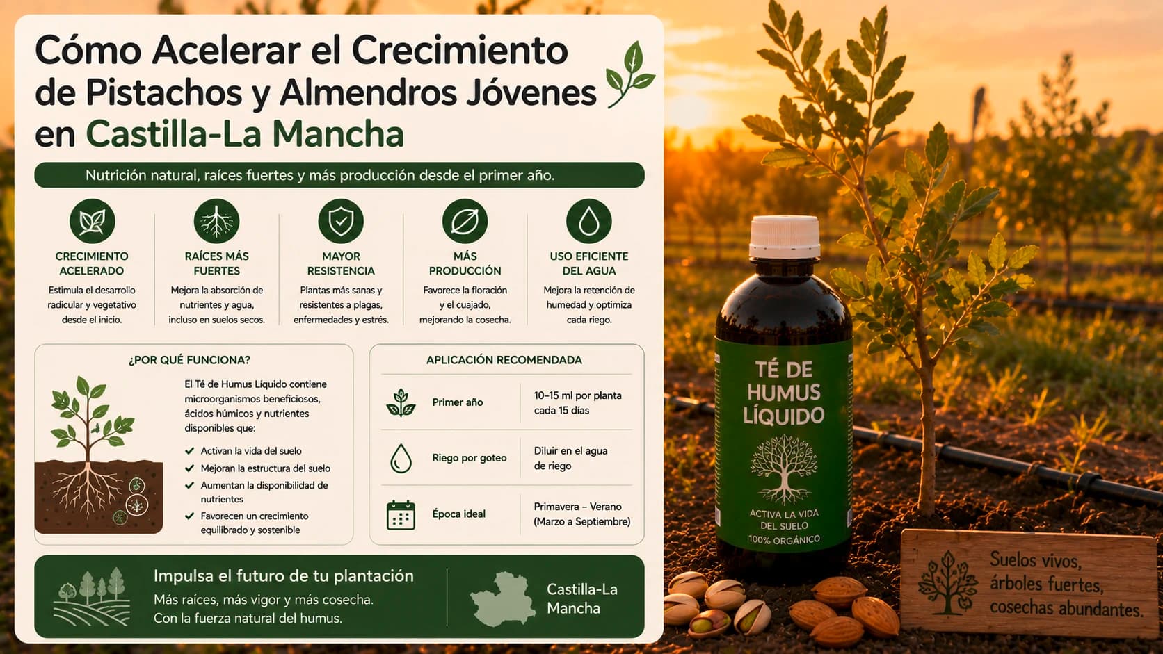 Plantación joven de pistachos y almendros en Ciudad Real inoculados biológicamente con té de humus para acelerar el arraigo radicular.