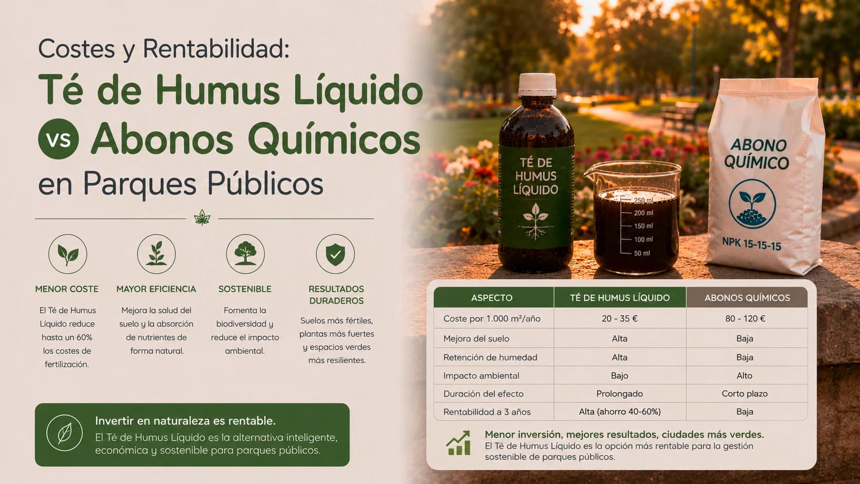 Costes y Rentabilidad: Té de Humus Líquido vs Abonos Químicos en Parques Públicos