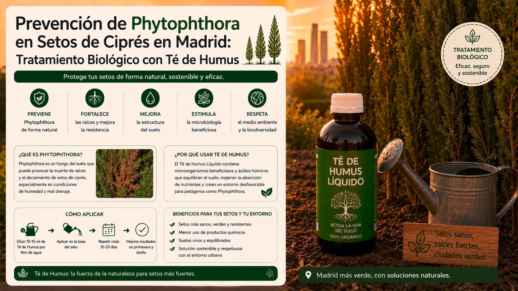 Seto perimetral de cipreses en una urbanización de Pozuelo de Alarcón protegido de la Phytophthora mediante el riego foliar y radicular con té de humus.