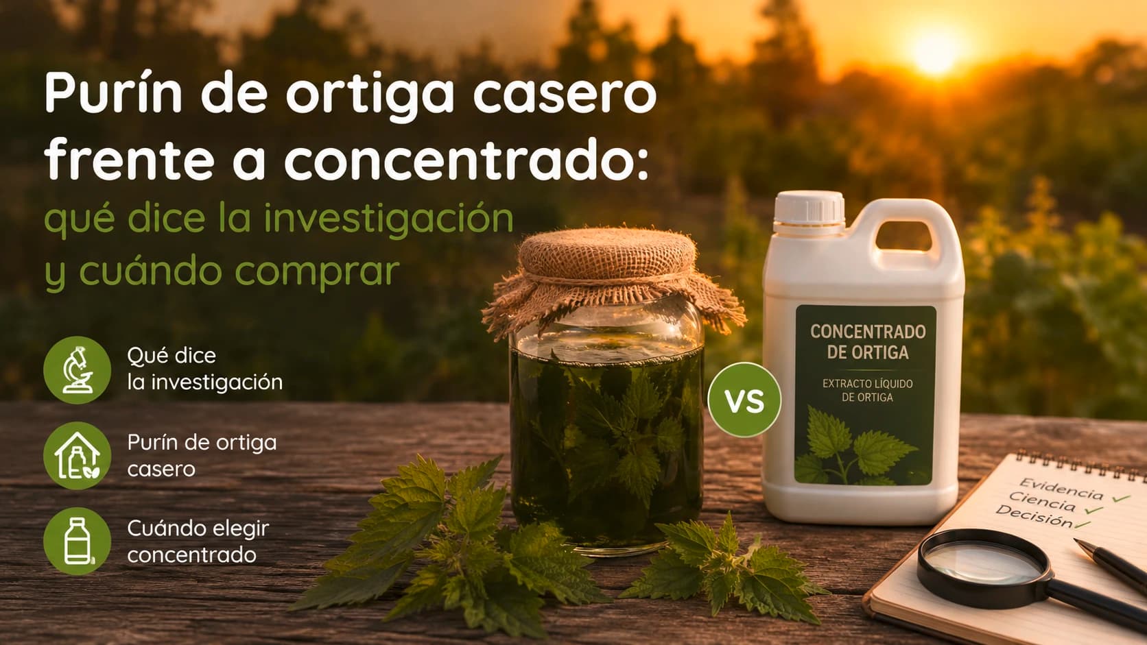 Purín de ortiga estabilizado de fermentación controlada para evitar patógenos anaeróbicos.