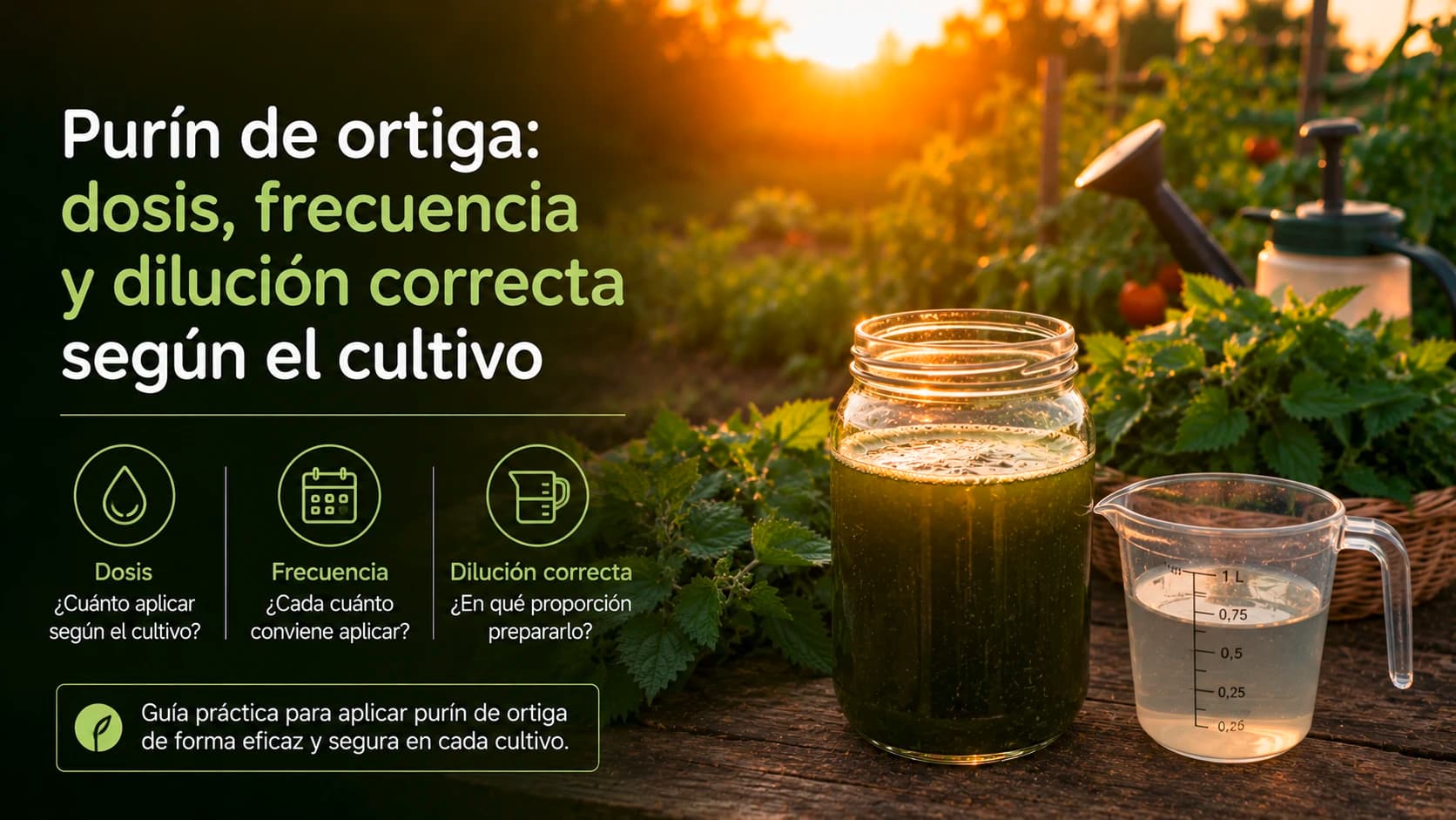 Esquema gráfico de dosis y dilución correcta de purín de ortiga concentrado en agua.