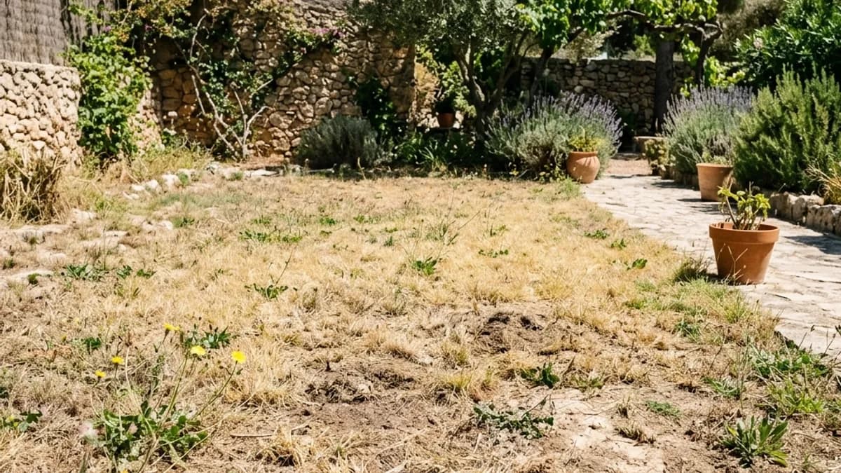 Césped degradado antes de una intervención de regeneración con té de humus