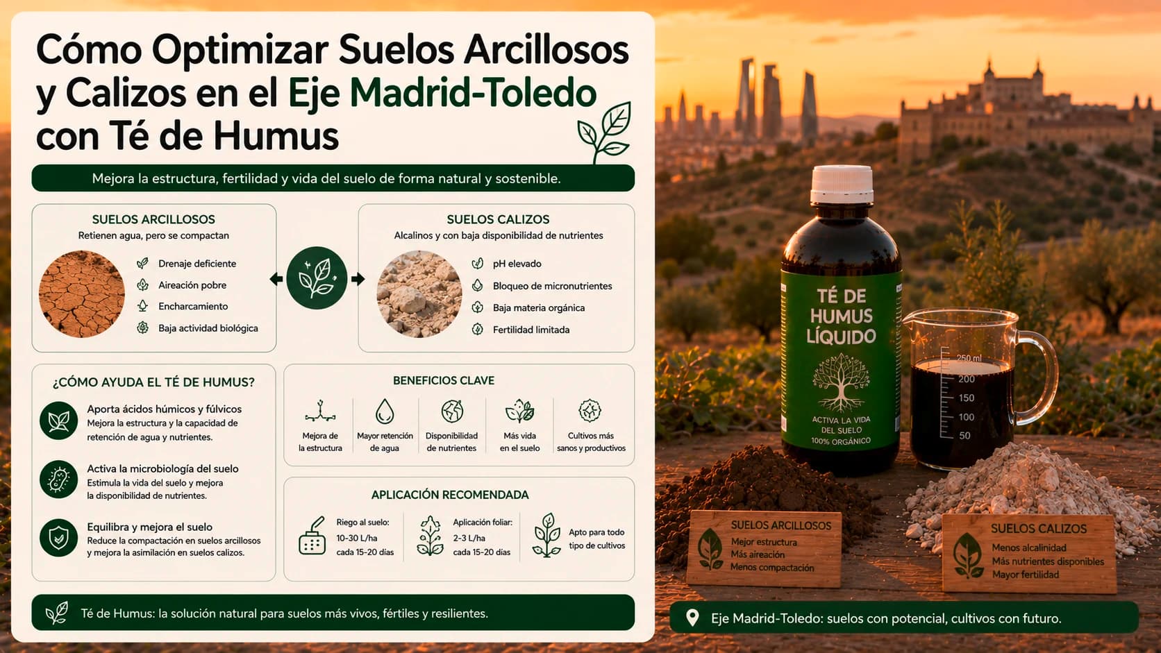Aplicación de té de humus de lombriz líquido para estructurar y airear suelos arcillosos y calizos compactados en Toledo y el sur de Madrid.
