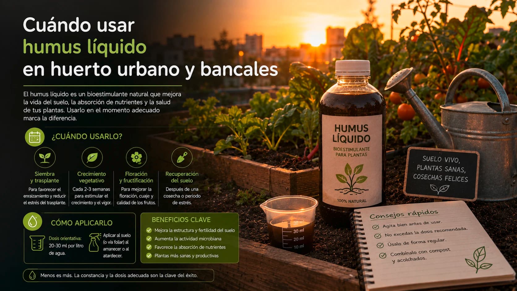Calendario de aplicación del té de humus en macetas de terraza durante primavera y verano.