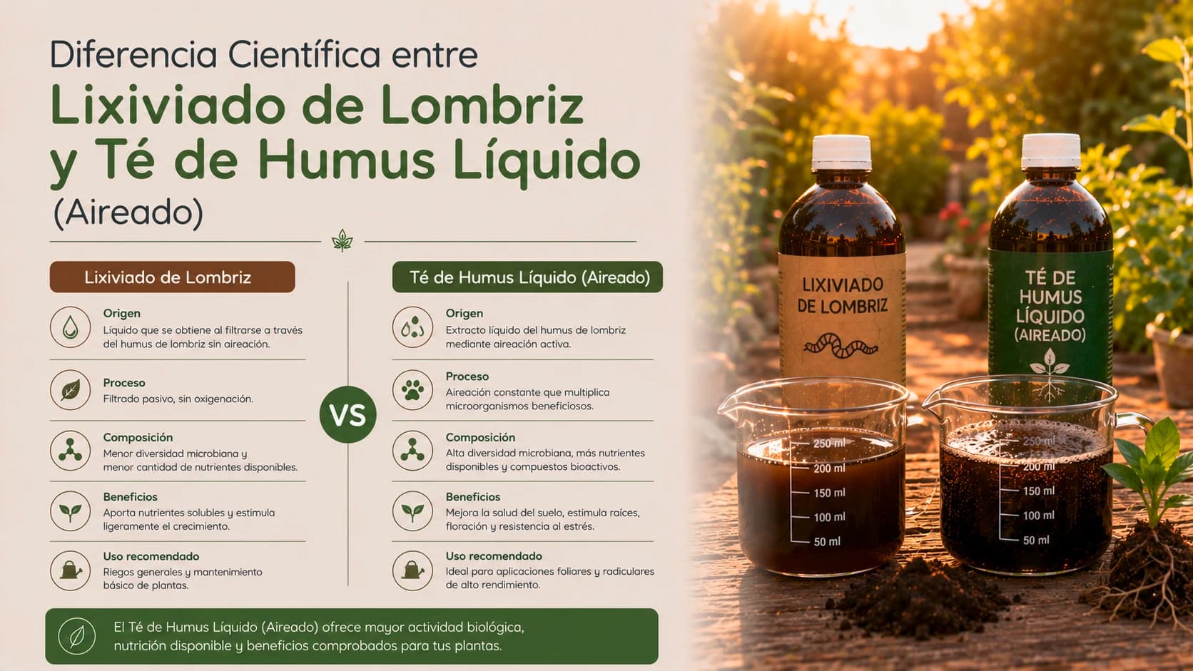 Diferencia Científica entre Lixiviado de Lombriz y Té de Humus Líquido (Aireado)