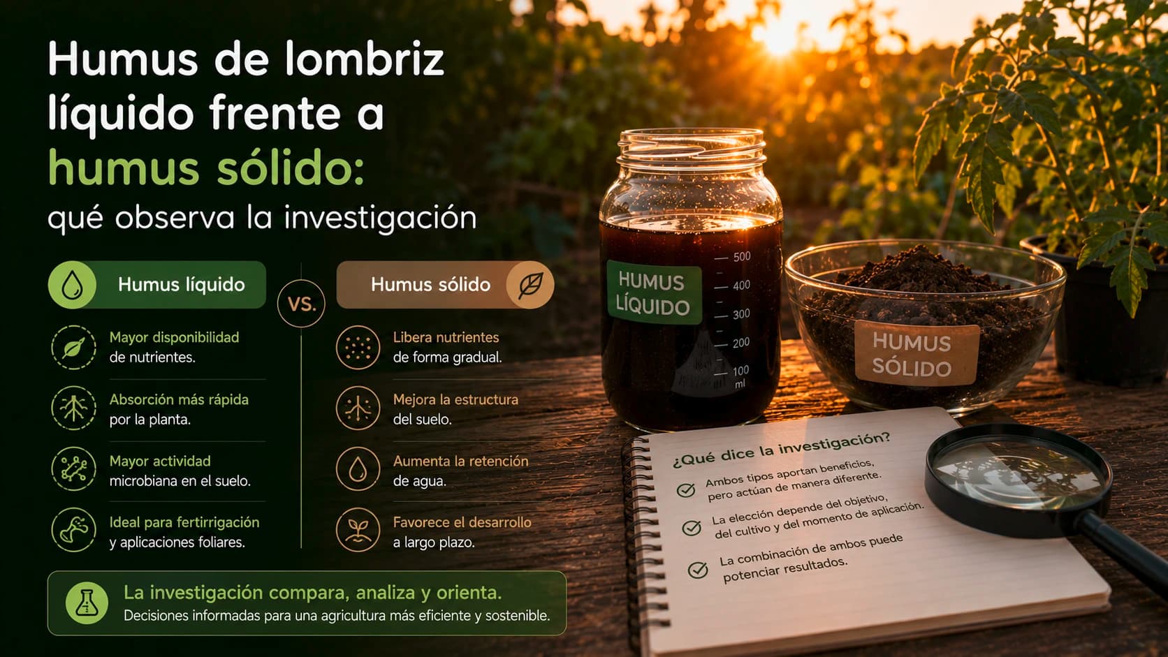 Diferencias visuales entre humus de lombriz sólido para sustrato y extracto líquido para riego.