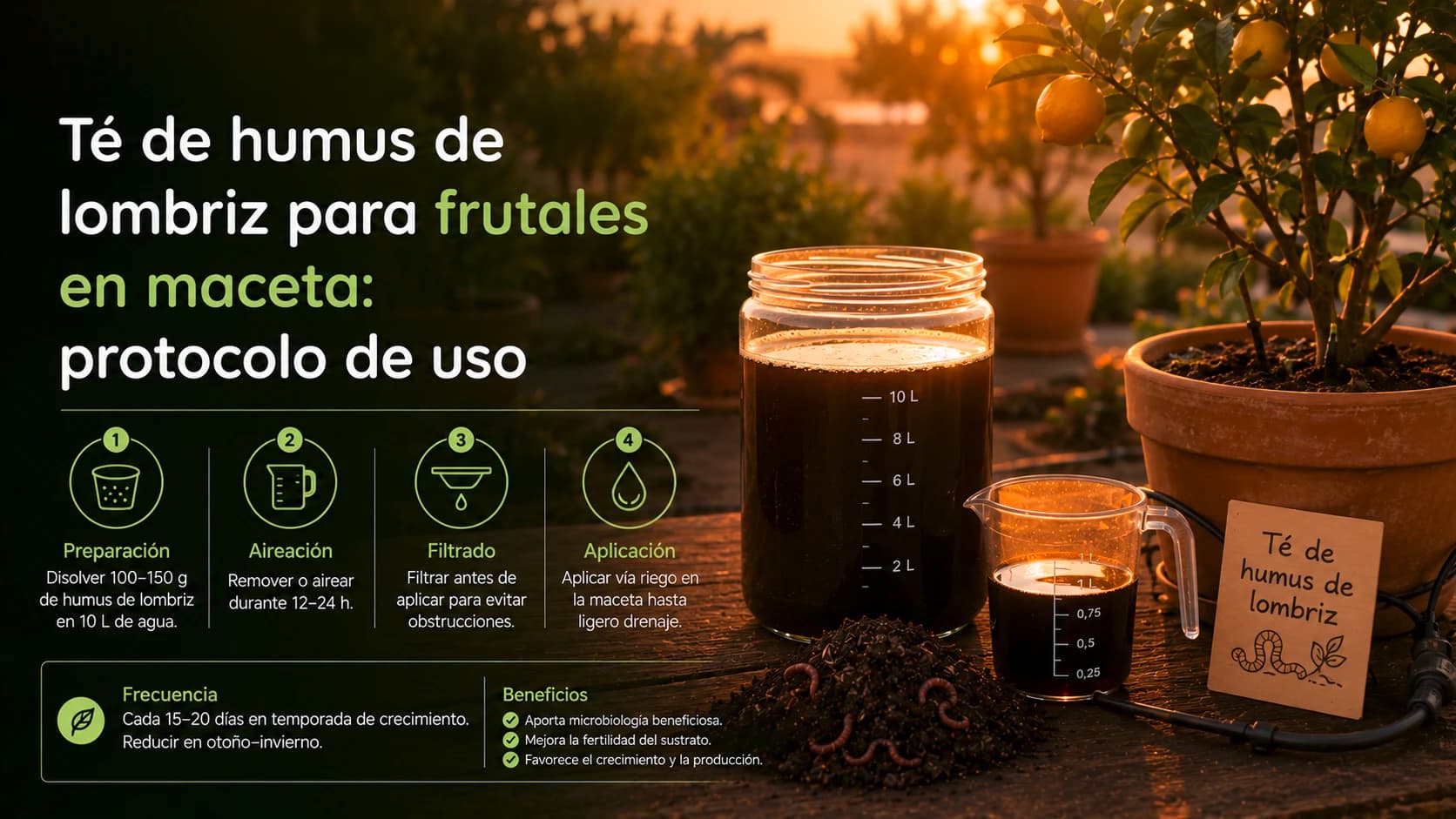 Árbol frutal cultivado en maceta en un balcón con frutos en maduración usando té de humus.