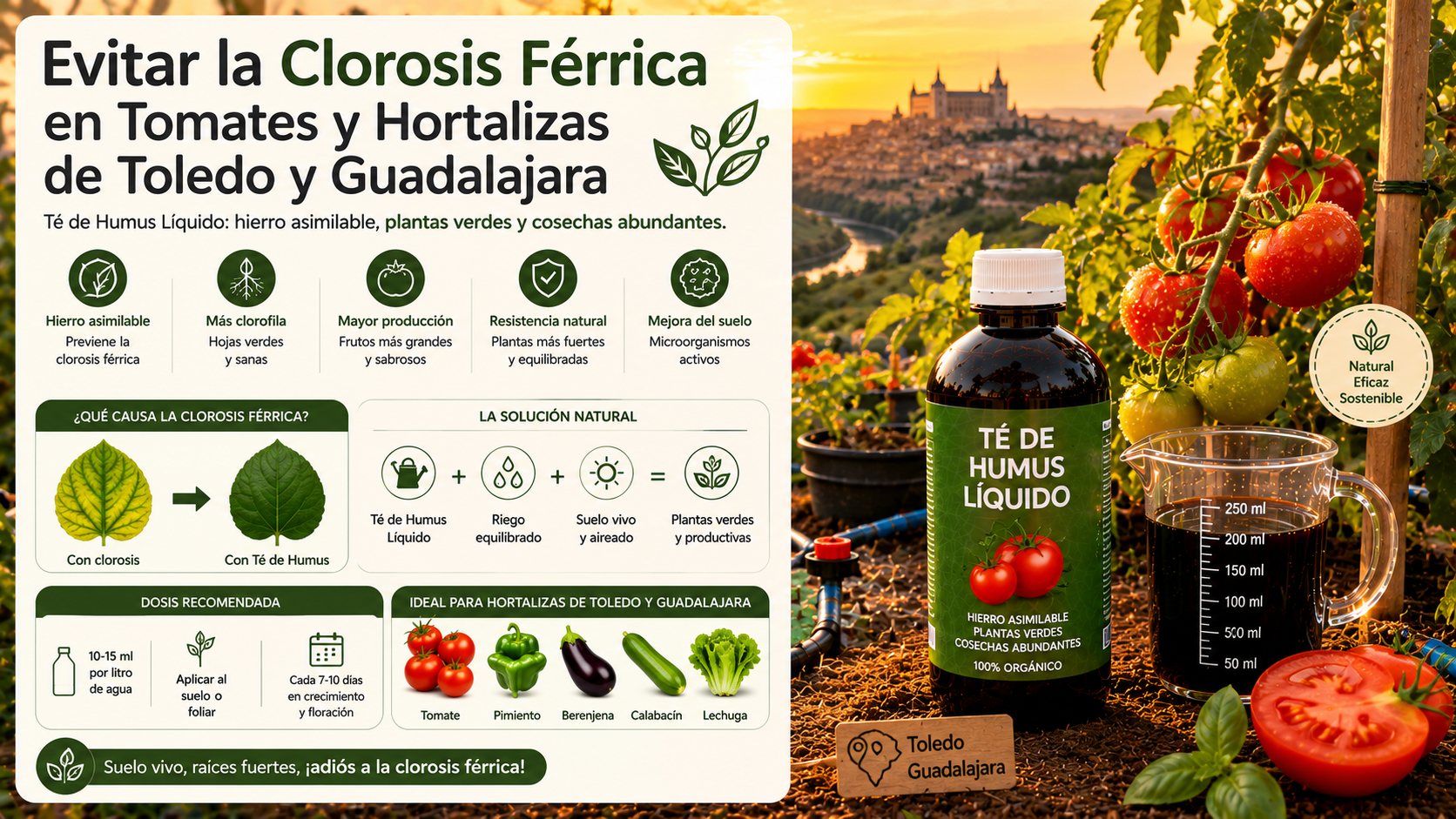 Hojas de tomateras sanas de un huerto familiar en Guadalajara libres de clorosis férrica gracias a la quelatación natural de hierro con ácidos húmicos.