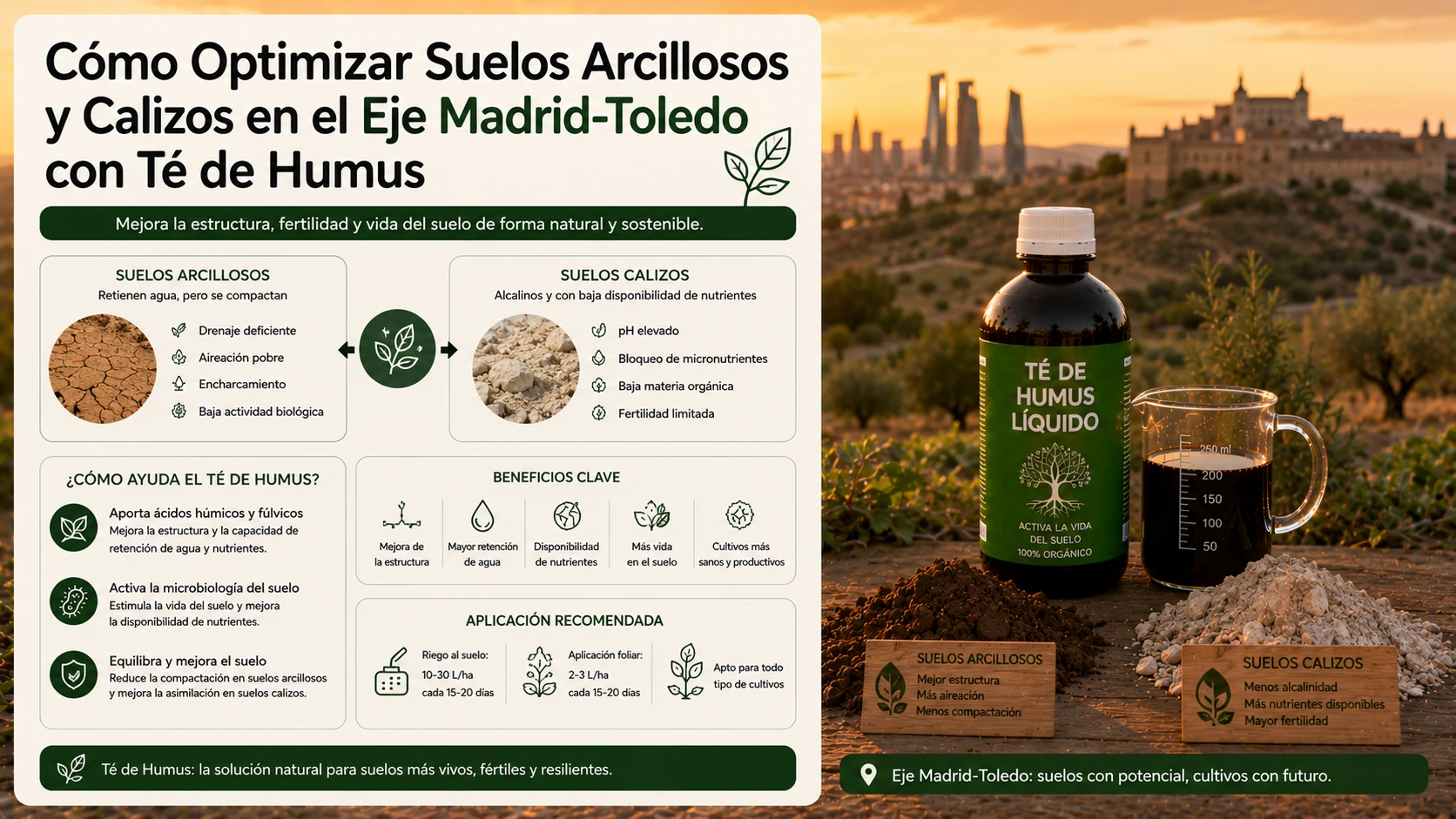 Aplicación de té de humus de lombriz líquido para estructurar y airear suelos arcillosos y calizos compactados en Toledo y el sur de Madrid.