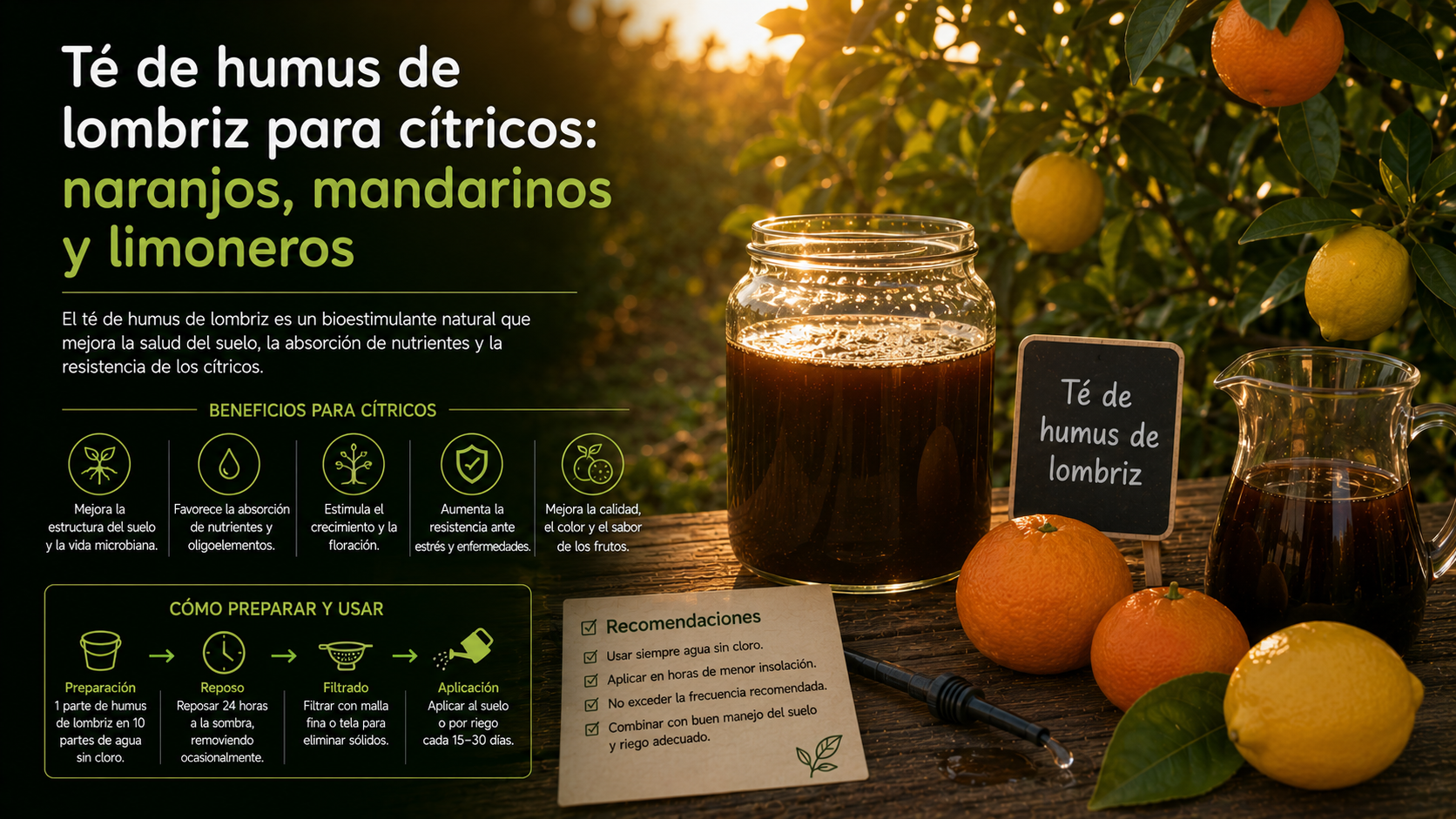 Té de humus de lombriz para cítricos: naranjos, mandarinos y limoneros